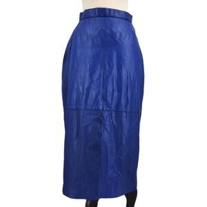 Vintage G-III Blue 100% Leather Midi Pencil Skirt with Back Buttons Small